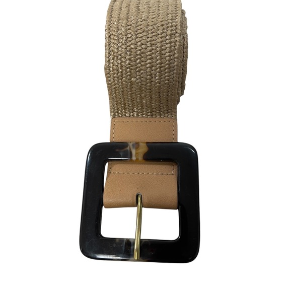 Woven Straw Belt Large Tortoise Square Buckle Tan Gold Plus Size 22-24 Trendy - Picture 2 of 8